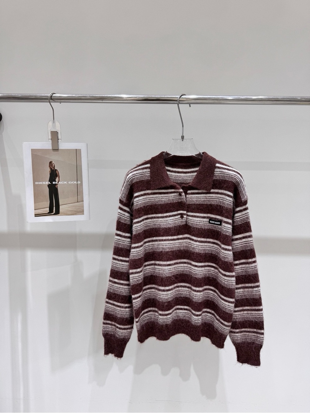 Miu Miu Burgundy and White Striped Polo-Neck Sweater